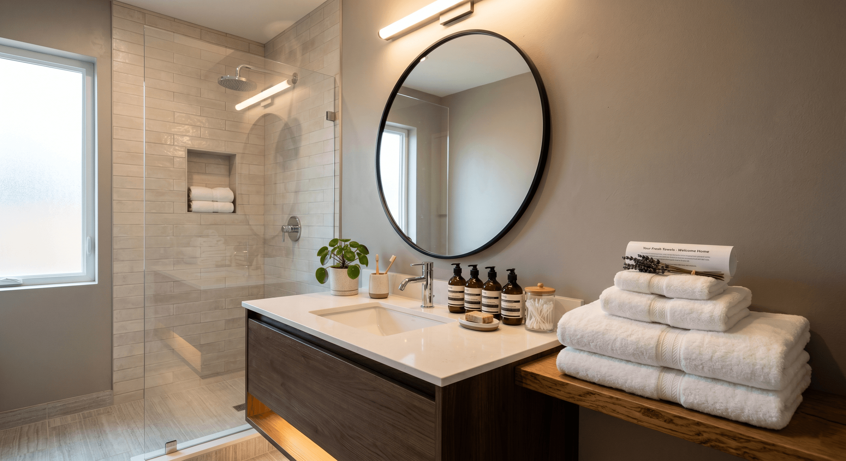Short-term rental bathroom freshly cleaned and stocked for guest arrival