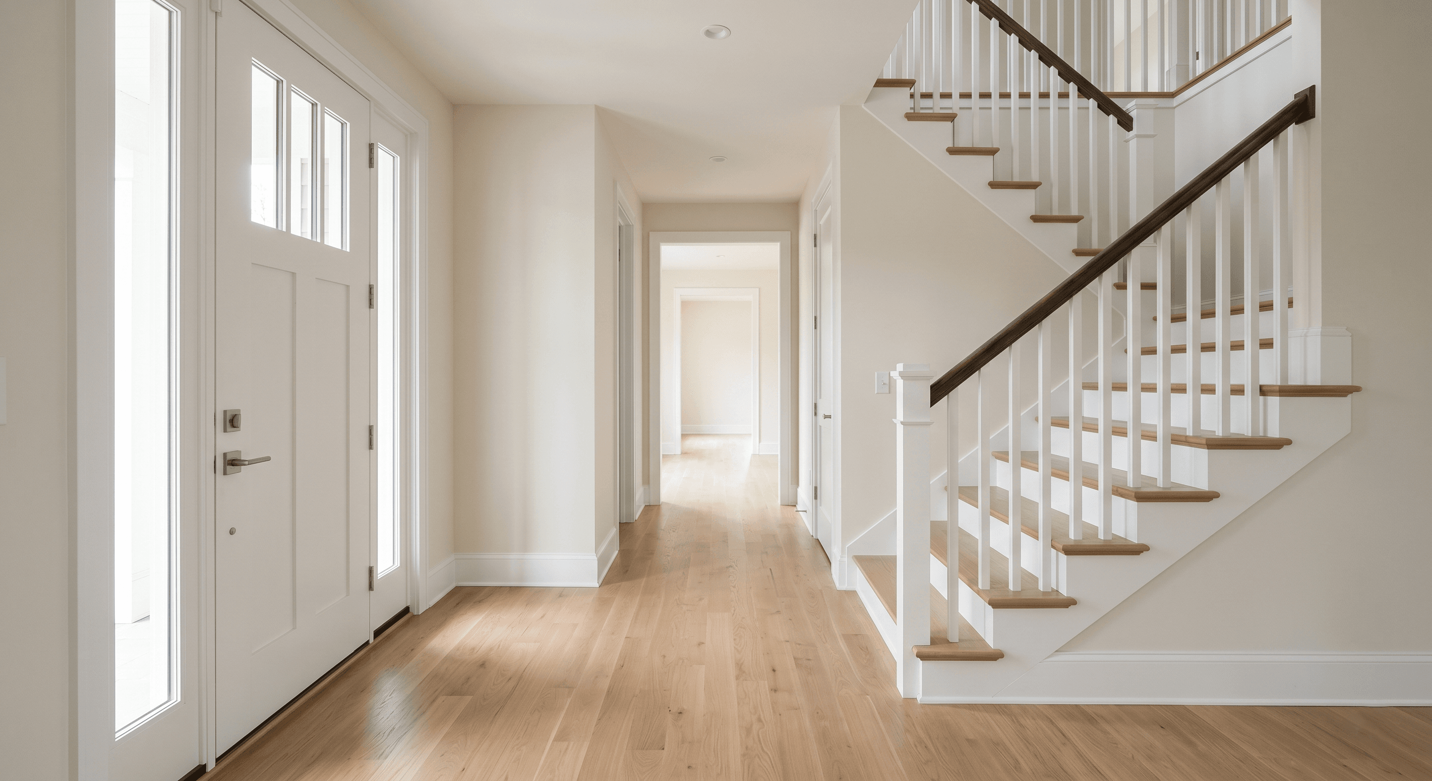 Vacant entryway and staircase cleaned and ready for move-out walkthrough