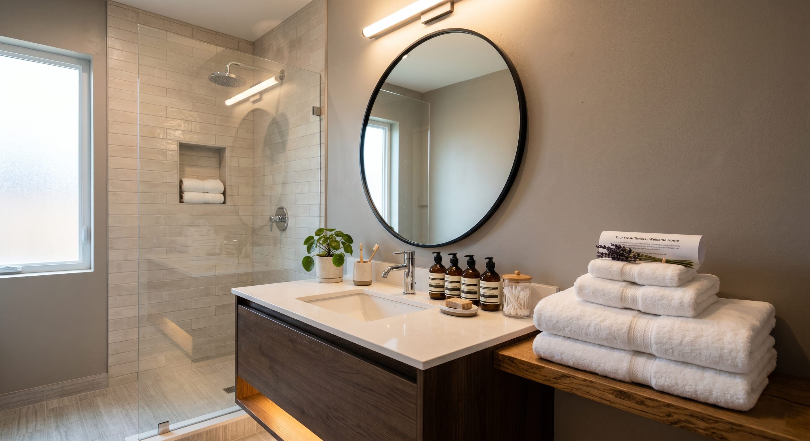 Short-term rental bathroom freshly cleaned and stocked for guest arrival