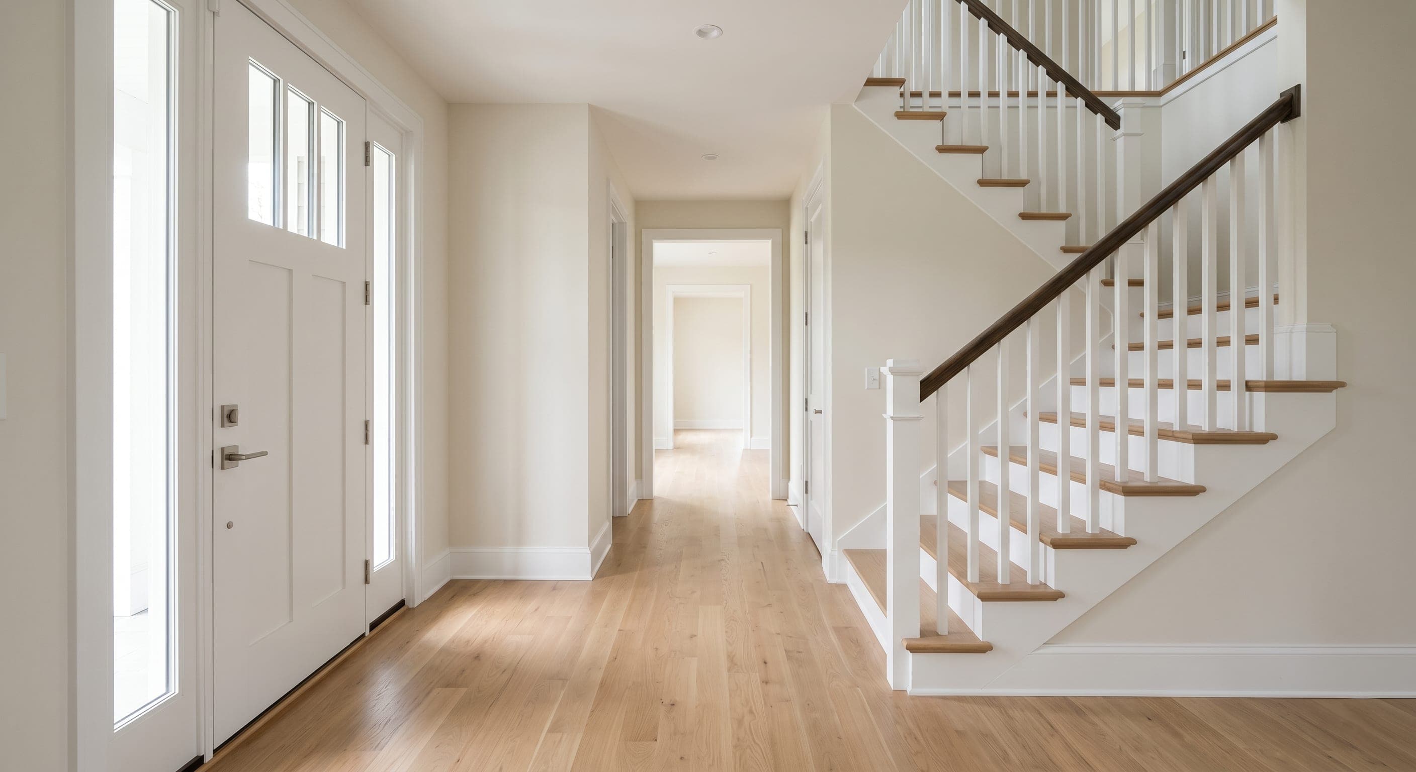 Vacant entryway and staircase cleaned and ready for move-out walkthrough
